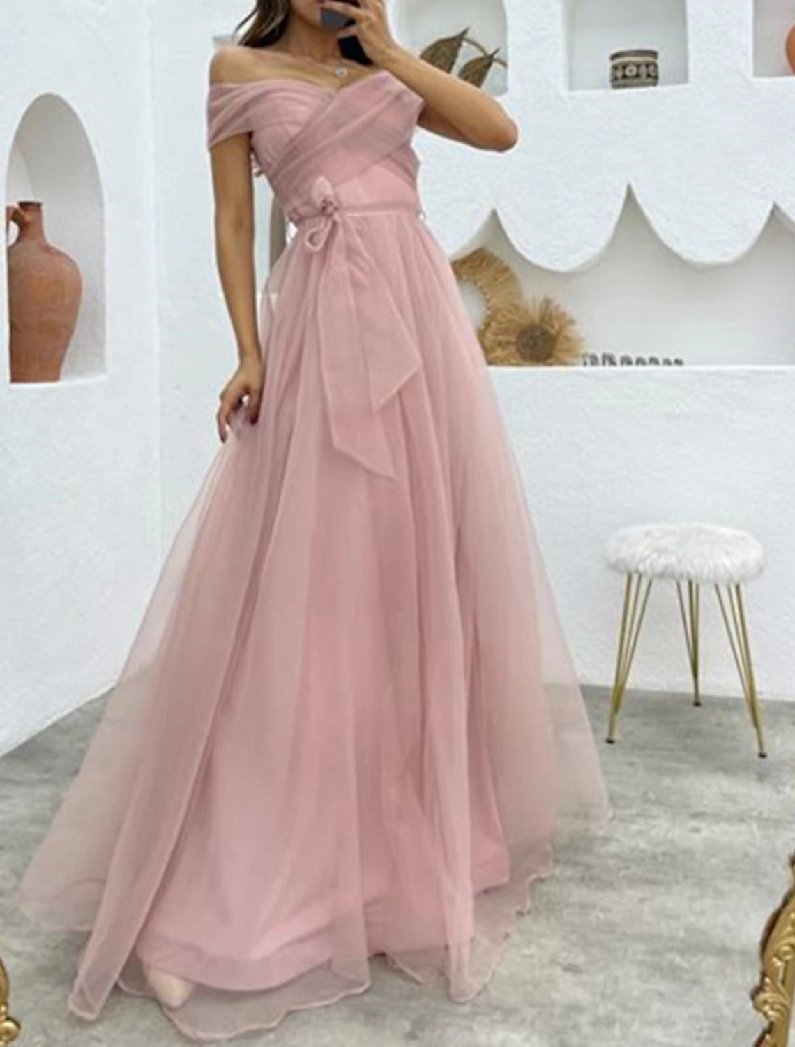 A-Line Evening Gown 1950s Dress Formal Wedding Reception Floor Length Sleeveless Off Shoulder Organza with Strappy